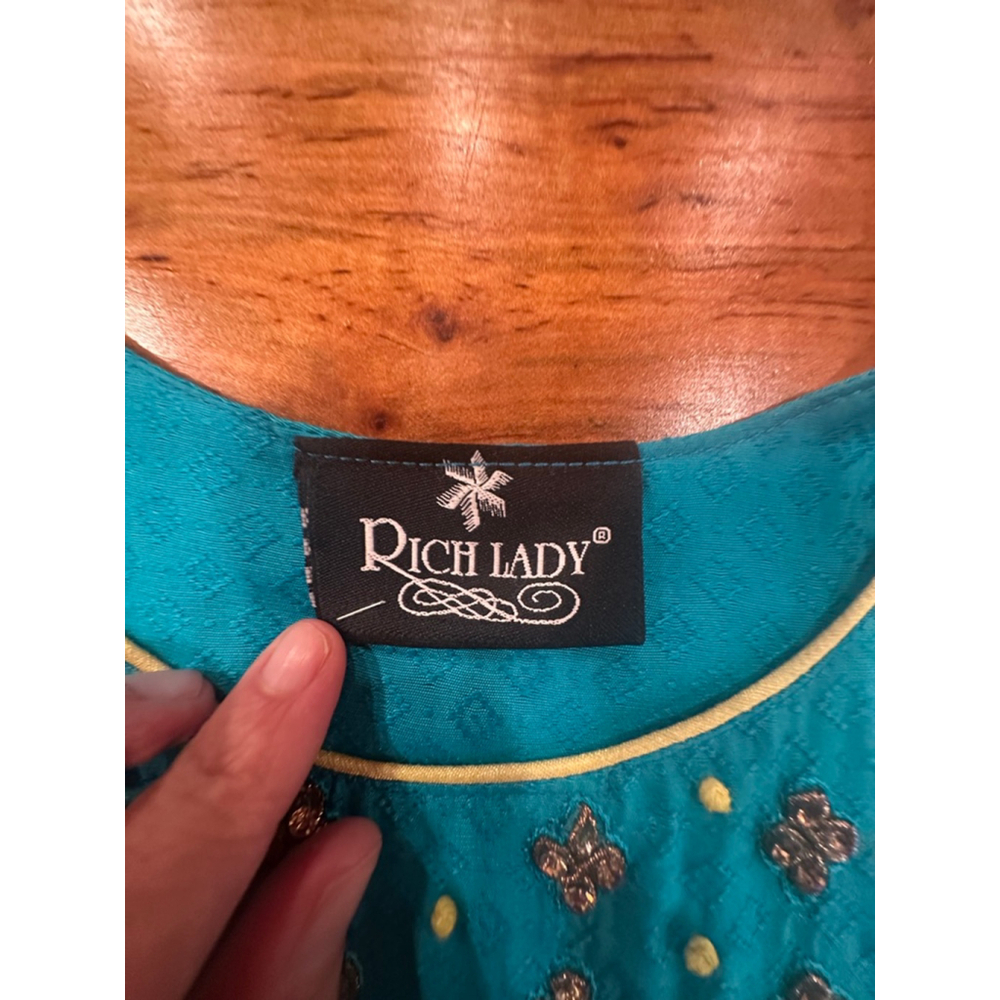 Rich Lady Anarkali Maxi Dress Turquoise Beaded Gown Large - Picture 6 of 8